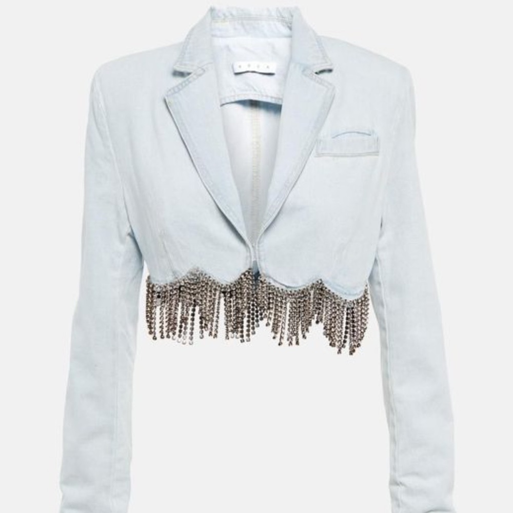 Area Scalloped Crystal Diamond Cropped Denim Jacket